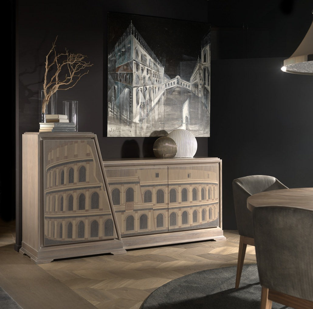 CREDENZA PALAZZI - PORTA TV IN LEGNO CON RIPIANI INTARSIATA A MANO